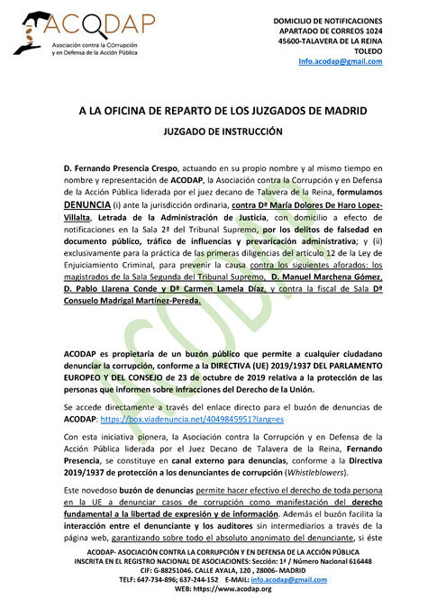 ACODAP vuelve a exigir la detención de Marchena, esta vez por represaliar al Juez Fernando Presencia.