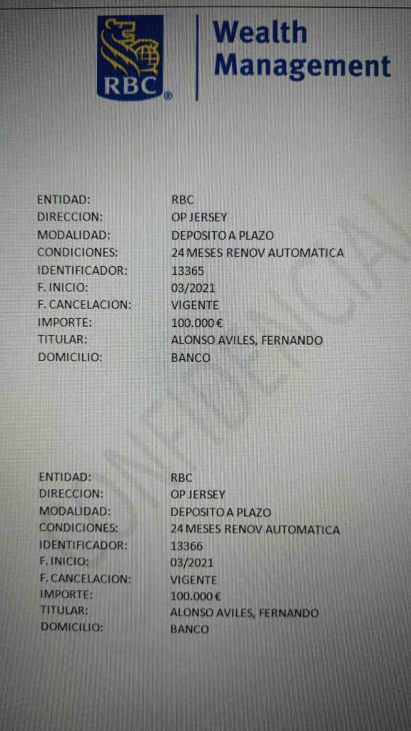 Justificante de depositos bancarios a nombres de Fernando Alonso Aviles en el banco RBC a fecha de marzo de 2021